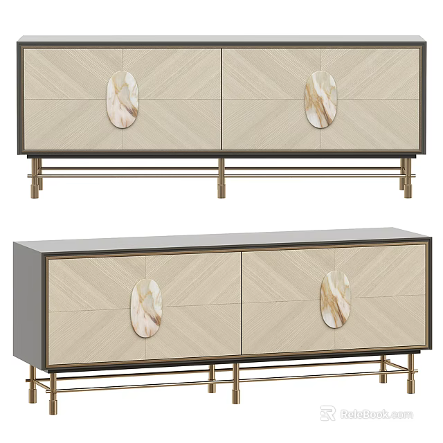 Modern Luxury TV Stand With Chevron Textured Panels Gold Metal Legs And Marble Accents 3d model 