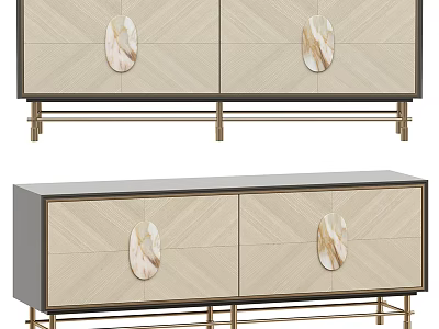Modern Luxury TV Stand With Chevron Textured Panels Gold Metal Legs And Marble Accents 3d model