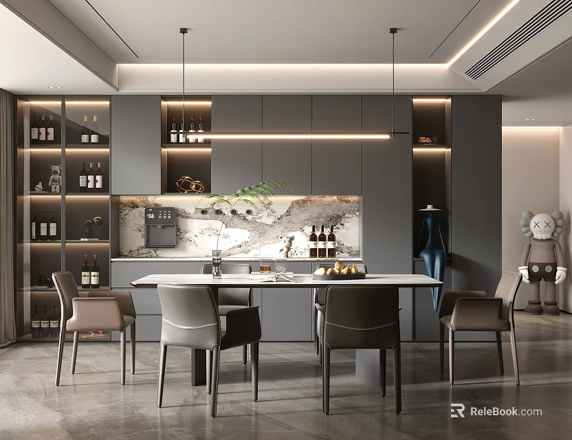 Modern Restaurant Interior With Grey Cabinets Marble Backsplash Dining Table And Hanging Lights 3d model