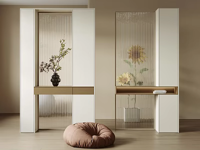 Modern Glass Room Divider with Wooden Shelf Flower Vase Sunflower Decor and Brown Bean Bag 3d model