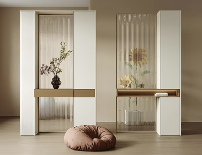 Modern Glass Room Divider with Wooden Shelf Flower Vase Sunflower Decor and Brown Bean Bag 3d model
