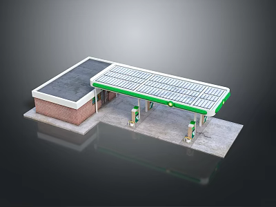 Gas Station Building Featuring Green Solar Panel Roof Red Brick Walls And Fuel Pumps 3d model