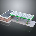 Gas Station Building Featuring Green Solar Panel Roof Red Brick Walls And Fuel Pumps