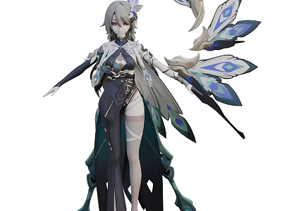 Game Movie Character With Gray Long Hair And Peacock Feather Decorations In Dark Outfit 3d model