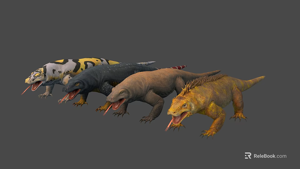 Various Colored Reptile Lizards 3D Models Displaying Open Mouths And Different Skin Textures 3d model 