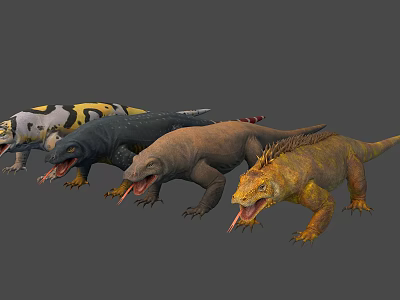 Various Colored Reptile Lizards 3D Models Displaying Open Mouths And Different Skin Textures 3d model