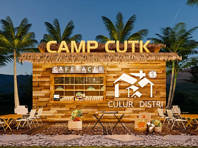 Wooden Cabin Cafe with Thatched Roof Palm Trees and Outdoor Seating at Camp Cutk 3d model