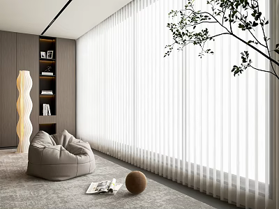 White Vertical Striped Curtains In Modern Minimalist Living Room With Large Window And Green Plant 3d model