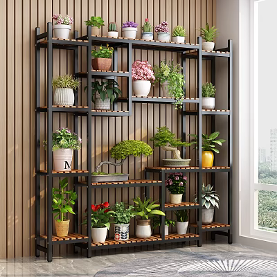 Decorative Tiered Shelving Unit With Various Potted Plants And Wooden Wall Background By Window 3d model