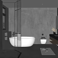 Minimalist Bathroom Interior With Gray Walls Glass Shower Free Standing Bathtub And Wall Mounted Toilet