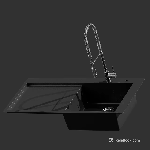 Black Double Bowl Kitchen Sink With Pull Out Faucet And Modern Design 3d model 