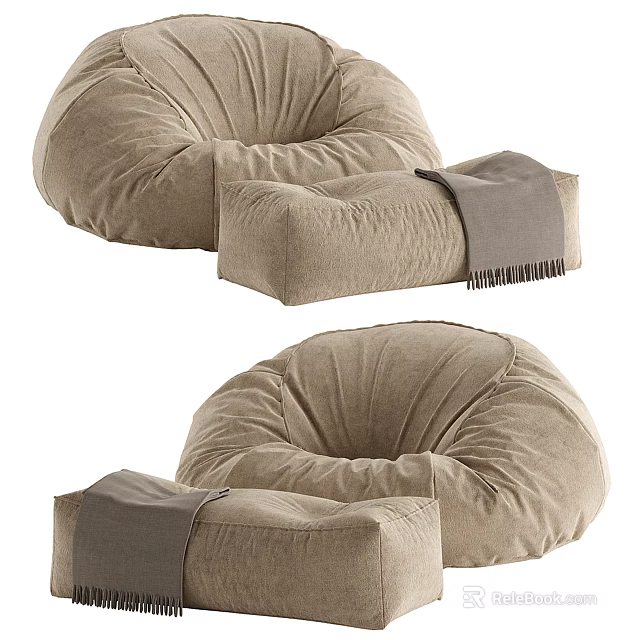 Beige Fabric Bean Bag Chair With Cozy Ottoman And Throw Blanket For Living Room 3d model 