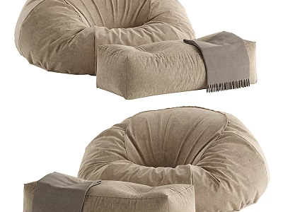 Beige Fabric Bean Bag Chair With Cozy Ottoman And Throw Blanket For Living Room 3d model