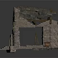 Old Stone Architectural Components Featuring Wooden Beams Dilapidated Roof And Internal Support Structures 3d model