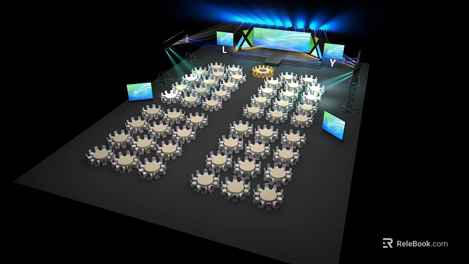 Stage Event Setup With Round Tables Lighting And Large Backdrop Screens 3d model 