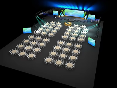Stage Event Setup With Round Tables Lighting And Large Backdrop Screens 3d model