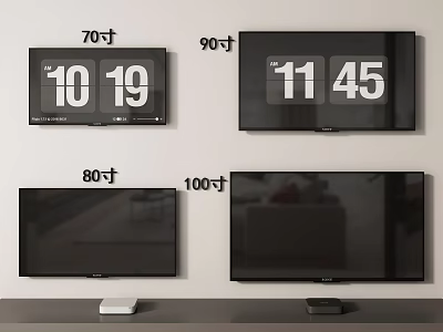Various Size Wall Mounted TVs Displaying Time And Room Reflections On Screens 3d model