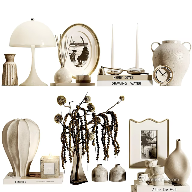 Stylish Decorative Ornament Set With Table Lamp Photo Frame Vase Books And Clock 3d model 