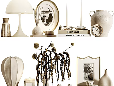 Stylish Decorative Ornament Set With Table Lamp Photo Frame Vase Books And Clock 3d model
