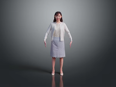 A Woman Standing In Gray Background Wearing White Cardigan And Lace Skirt With High Heels 3d model