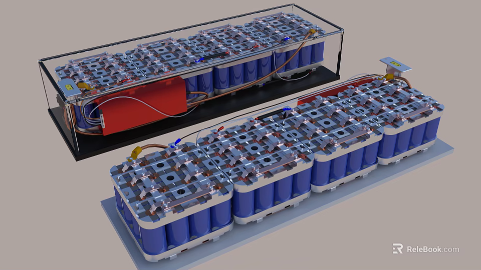 Battery Pack Structure With Blue Cells Arranged In Metal Frame And Connecting Wires 3d model 
