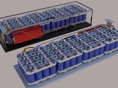 Battery Pack Structure With Blue Cells Arranged In Metal Frame And Connecting Wires 3d model