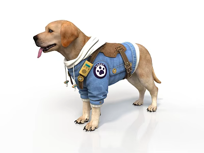 Brown Labrador Dog Wearing Blue Denim Hoodie With Backpack And Embroidered Patches 3d model