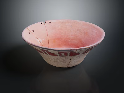Traditional Handcrafted Ceramic Bowl With Pink Interior And Red White Geometric Patterns 3d model