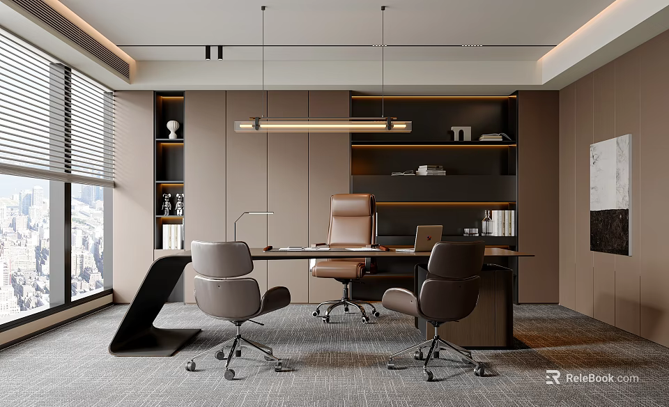 Modern Office Interior With Large Windows Blinds Pendant Lights Desk Chairs And Bookshelves 3d model 