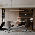 Modern Office Interior With Large Windows Blinds Pendant Lights Desk Chairs And Bookshelves