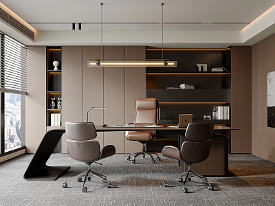 Modern Office Interior With Large Windows Blinds Pendant Lights Desk Chairs And Bookshelves 3d model