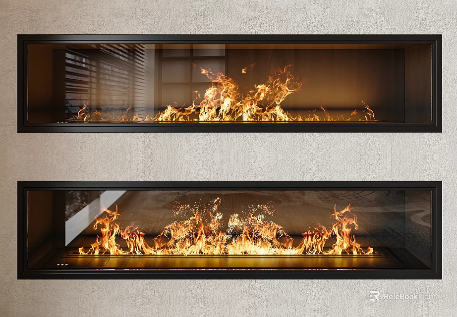 Modern Luxury Double Layer Fireplace With Flames And Glass Panel Minimalist Design 3d model 