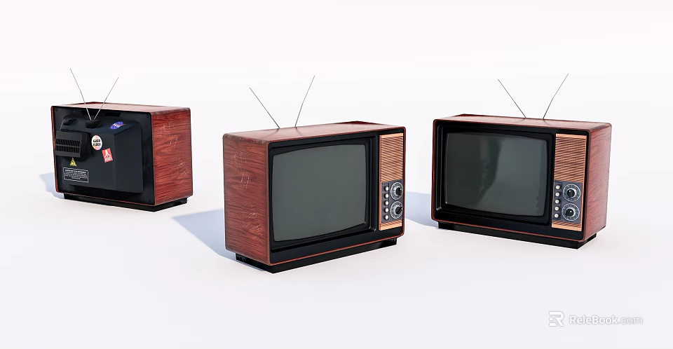 Three Vintage Retro TVs With Wooden Case And Antennas On White Background 3d model 