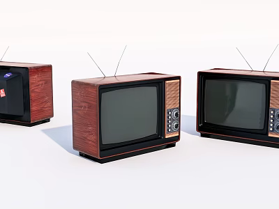 Three Vintage Retro TVs With Wooden Case And Antennas On White Background 3d model