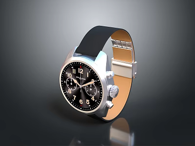 Stylish Classic Wristwatch Timepiece With Black Chronograph Dial Silver Case And Black Leather Strap 3d model