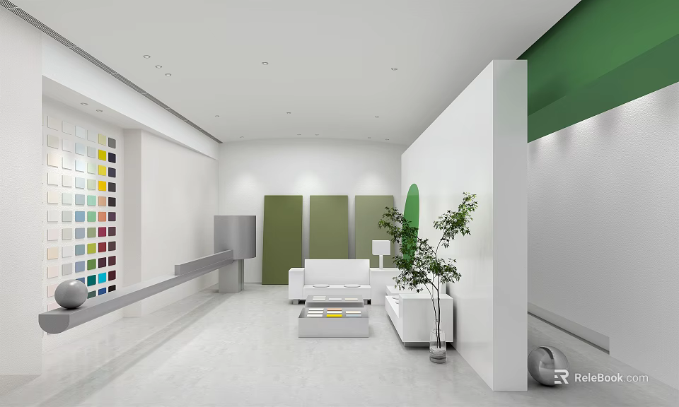 Modern Living Room Interior Design With White Sofa Green Wall Panels And Colorful Grid Art 3d model 