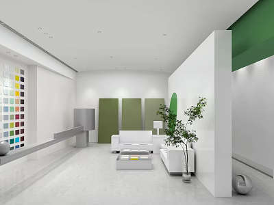 Modern Living Room Interior Design With White Sofa Green Wall Panels And Colorful Grid Art 3d model