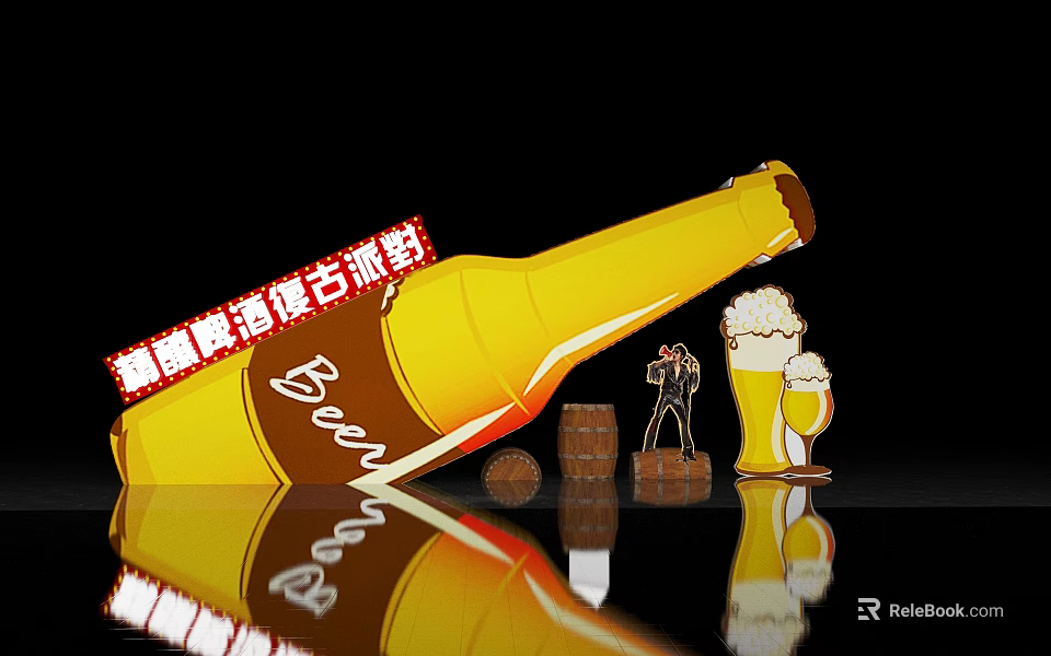 Iced Beer Scene With Tilted Yellow Bottle Glass Barrel And Silhouette Figure 3d model 
