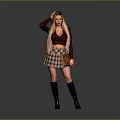 Stylish Woman With Long Blond Hair Wearing Maroon Top Plaid Skirt And Black Boots