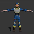 3D Character In Blue Yellow Outfit With Protective Gear Cap Gun And Outstretched Arms