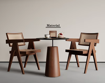 Modern Wooden Round Table With Rattan Back Chairs For Home Dining Space 3d model