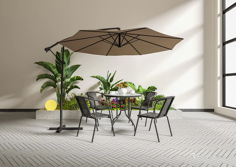 Round Outdoor Table with Brown Umbrella Black Chairs and Green Plants in Gray Tile Patio 3d model 