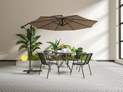 Round Outdoor Table with Brown Umbrella Black Chairs and Green Plants in Gray Tile Patio 3d model
