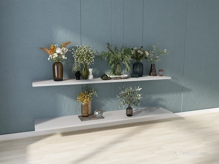 Stylish Vases With Various Fresh Flowers On White Shelves Against Light Blue Wall 3d model 