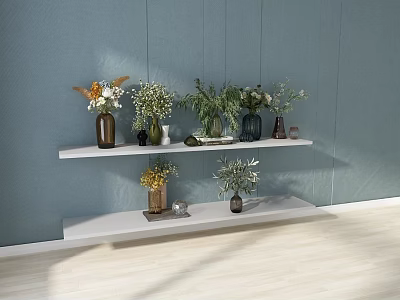 Stylish Vases With Various Fresh Flowers On White Shelves Against Light Blue Wall 3d model