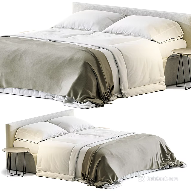 Modern Double Bed With Gray And White Bedding Pillows And Small Side Table 3d model 