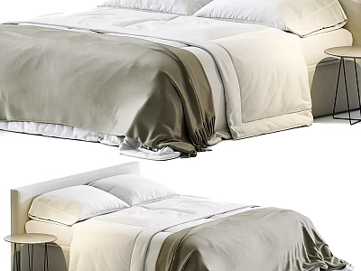 Modern Double Bed With Gray And White Bedding Pillows And Small Side Table 3d model