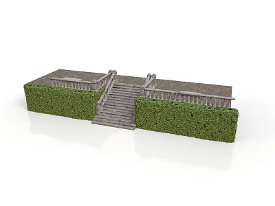 Garden Stone Steps With Green Hedges And Decorative Railings Design 3d model