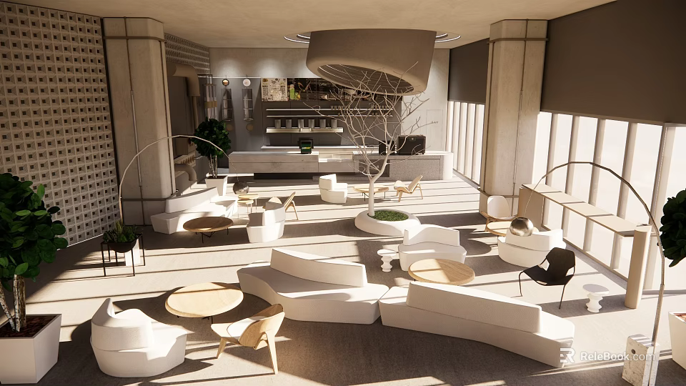 Modern Café Interior Design With White Sofas Round Tables Large Windows And Natural Light 3d model 