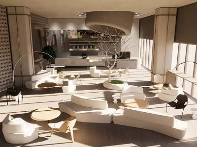 Modern Café Interior Design With White Sofas Round Tables Large Windows And Natural Light 3d model